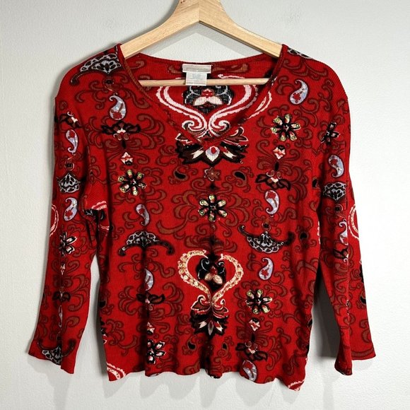 Pierre Cardin Womens Red Printed Y2K Paisley Print Sequin Blouse Size L Rib Knit - Picture 1 of 11